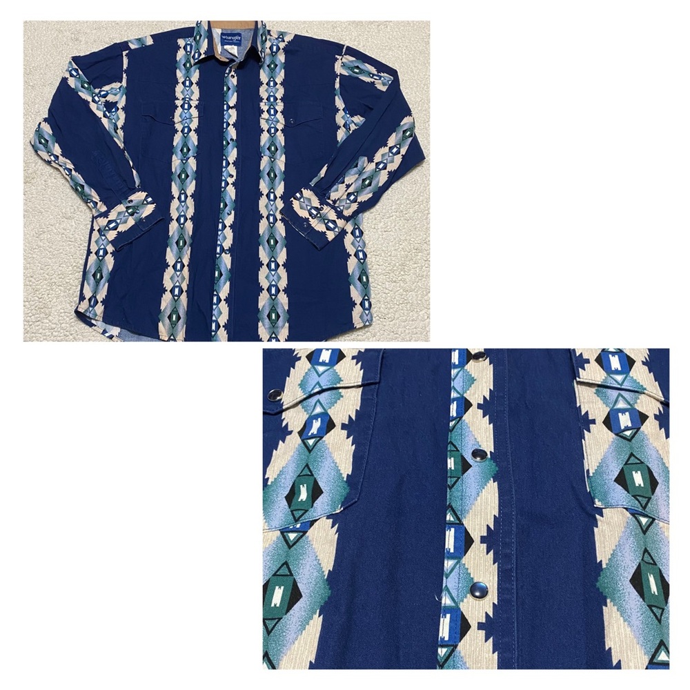 Wrangler Checotah Western Pearl Snap Shirt Mens L Blue Southwestern Aztec VTG